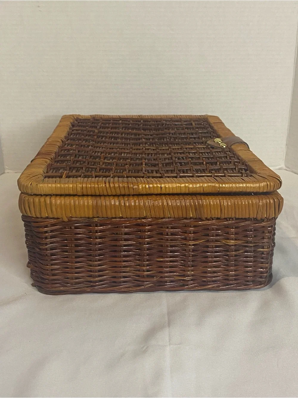 Woven Rattan Storage Basket with Leather Strap - Brown